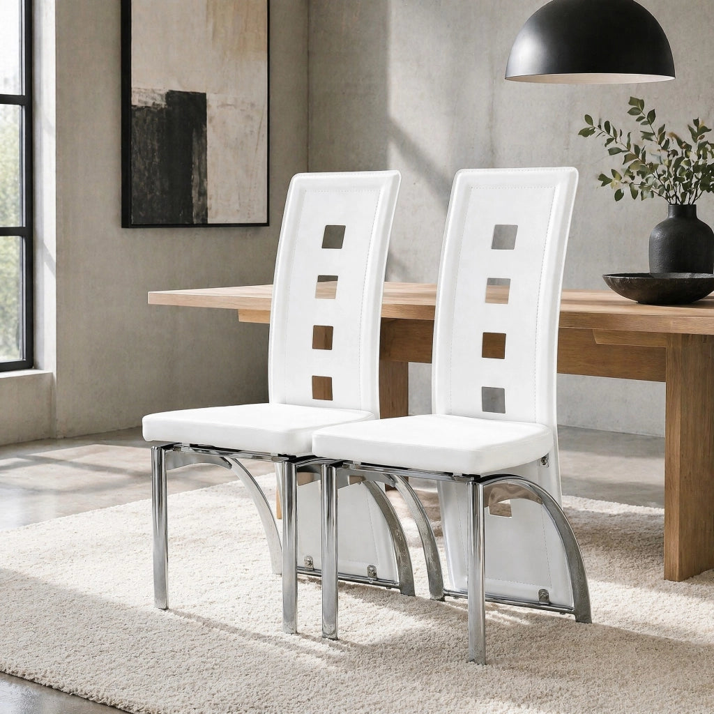 Set di 2 sedie da pranzo moderne in PU bianco con gambe in metallo argento, design con motivo geometrico