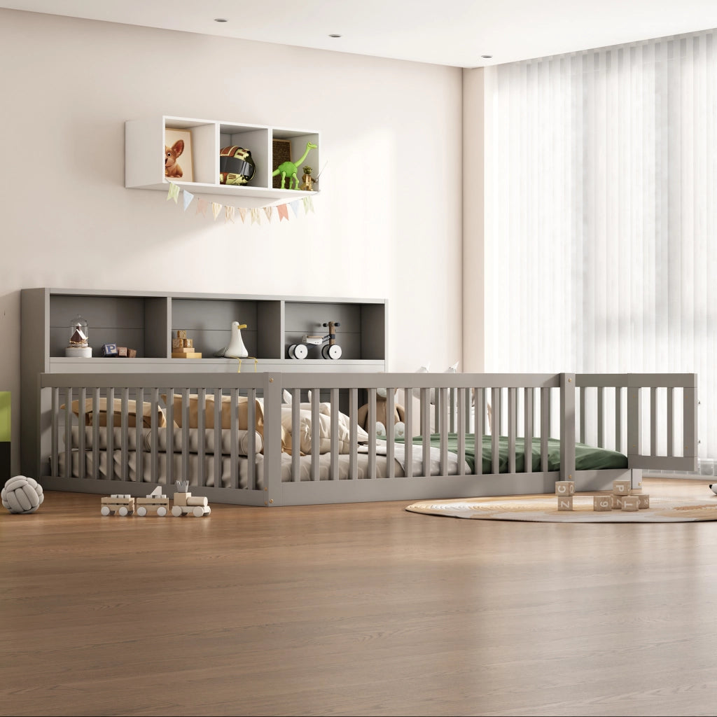 DESMIU Letto singolo 140 × 200 cm con ripiani laterali, sponda di sicurezza, senza materasso, in pino e MDF, grigio