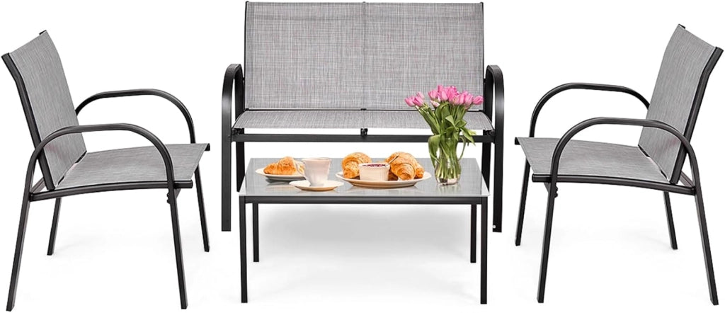 Set da Giardino con 4 Pezzi, Set da Giardino per Chiacchierare, Sedie da Giardino con Tavolino in Vetro, con Struttura Resistente in Ferro, Tessuto a Rete Traspirante (Grigio)