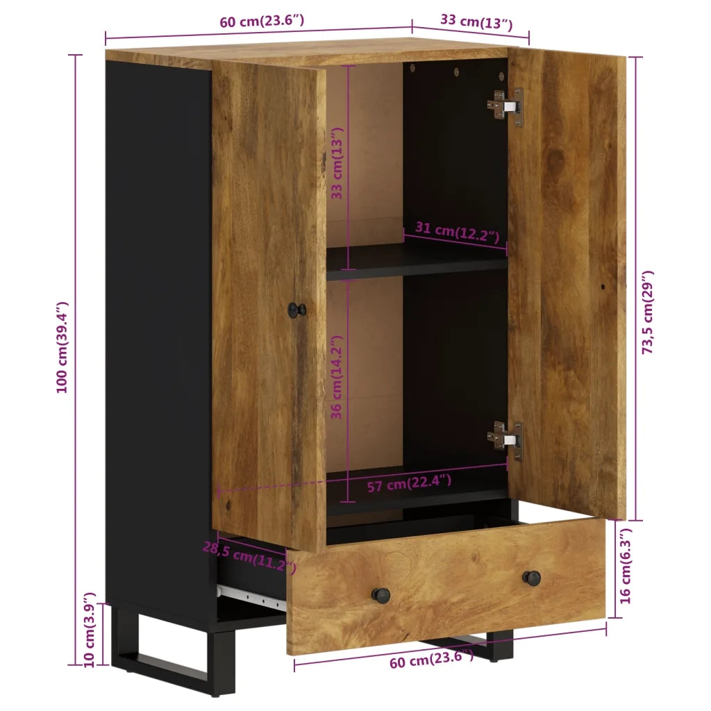 Credenza con Cassetto-Buffet-Armadio da cucina 60x33x100 cm Legno Massello Mango e Ferro 177781