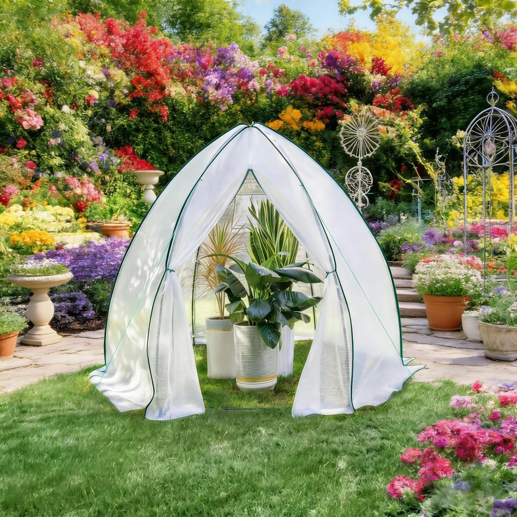 Semenzaio da giardino con struttura conica, porta con zip e rete zanzariera, in acciaio e PE bianco 240 × 200 × 240 cm