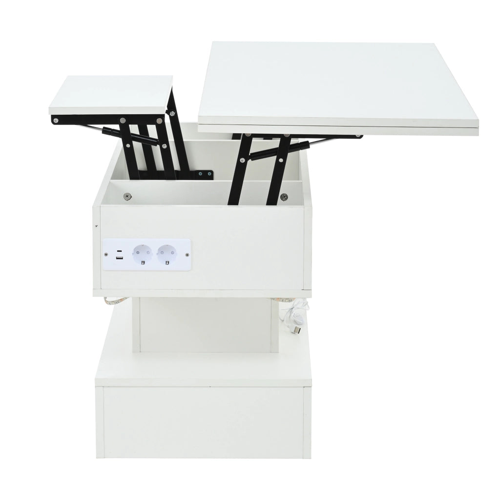 Tavolino basso sollevabile con LED e presa, vano contenitore, per soggiorno, bianco, 100 × 50 × 51,5 cm