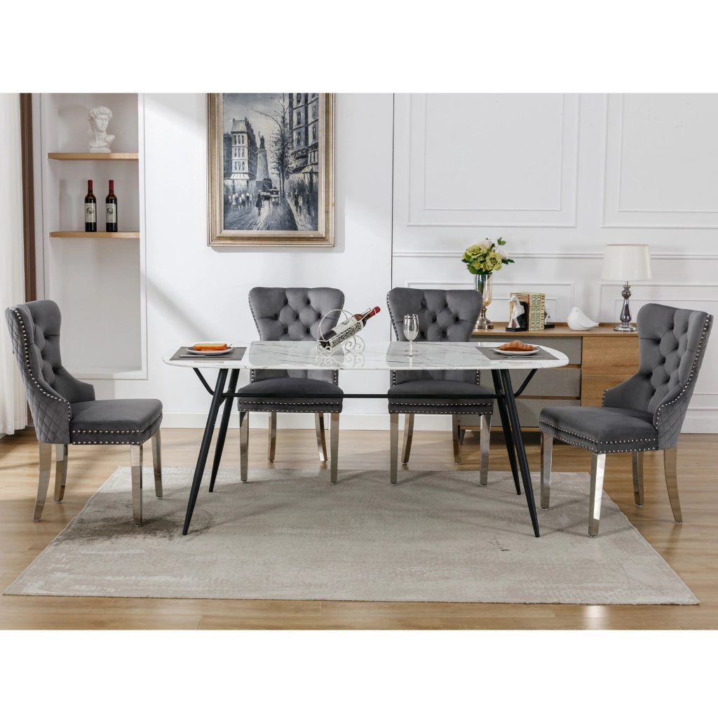 Sedie da Pranzo Set 4 Pezzi ¨C MINIMAL ¨C Velluto Grigio, Gambe in Metallo, Schienale con Borchie