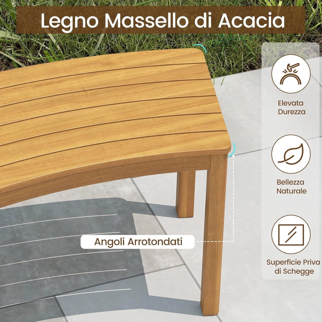 Set da 2 Panchine Curve in Legno di Acacia, Panchina Senza Schienale con Portata 360, Panca da Esterno per Veranda, Terrazza, Giardino e Fuoco da Campo (4)
