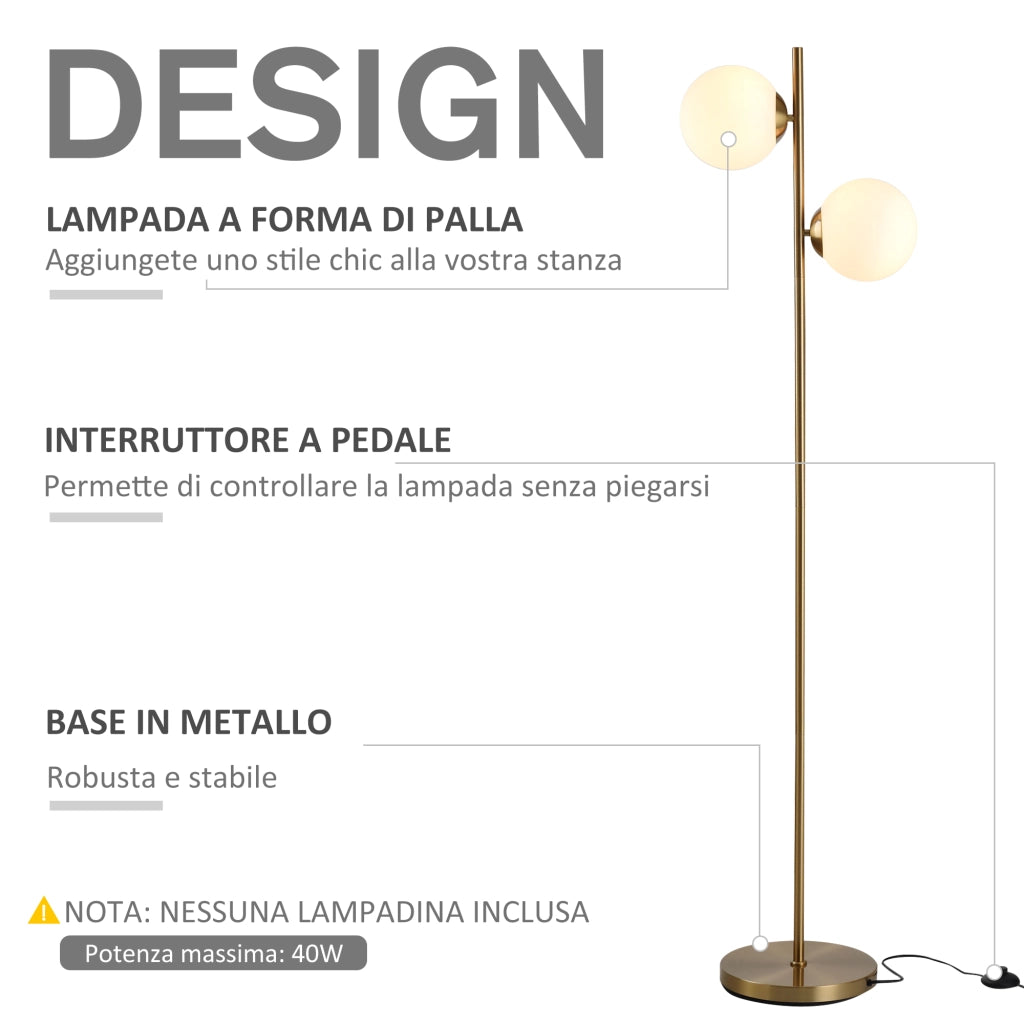 Lampada da Terra con 2 Luci e Paralumi a Sfera, Interruttore a Pedale e Attacco E27, ?28x165 cm, Oro
