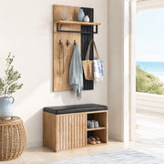 Mobile ingresso con scarpiera a 2 ante, 3 ganci e panca imbottita, 70 x 36 x 146 cm, nero e naturale
