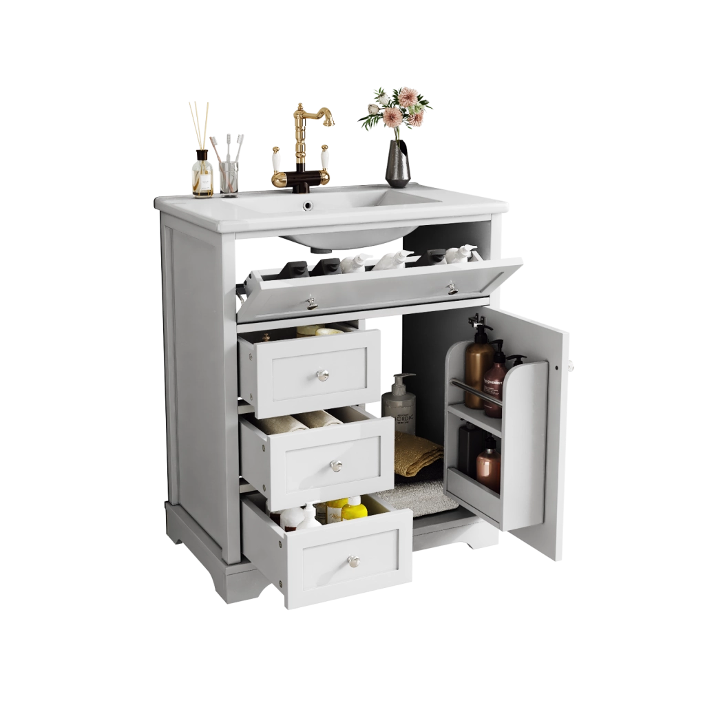 Mobile bagno con lavabo integrato 76¡Á46¡Á87 cm, bianco, freestanding, MDF laccato, 3 cassetti silenziosi, anta e lavabo in ceramica.