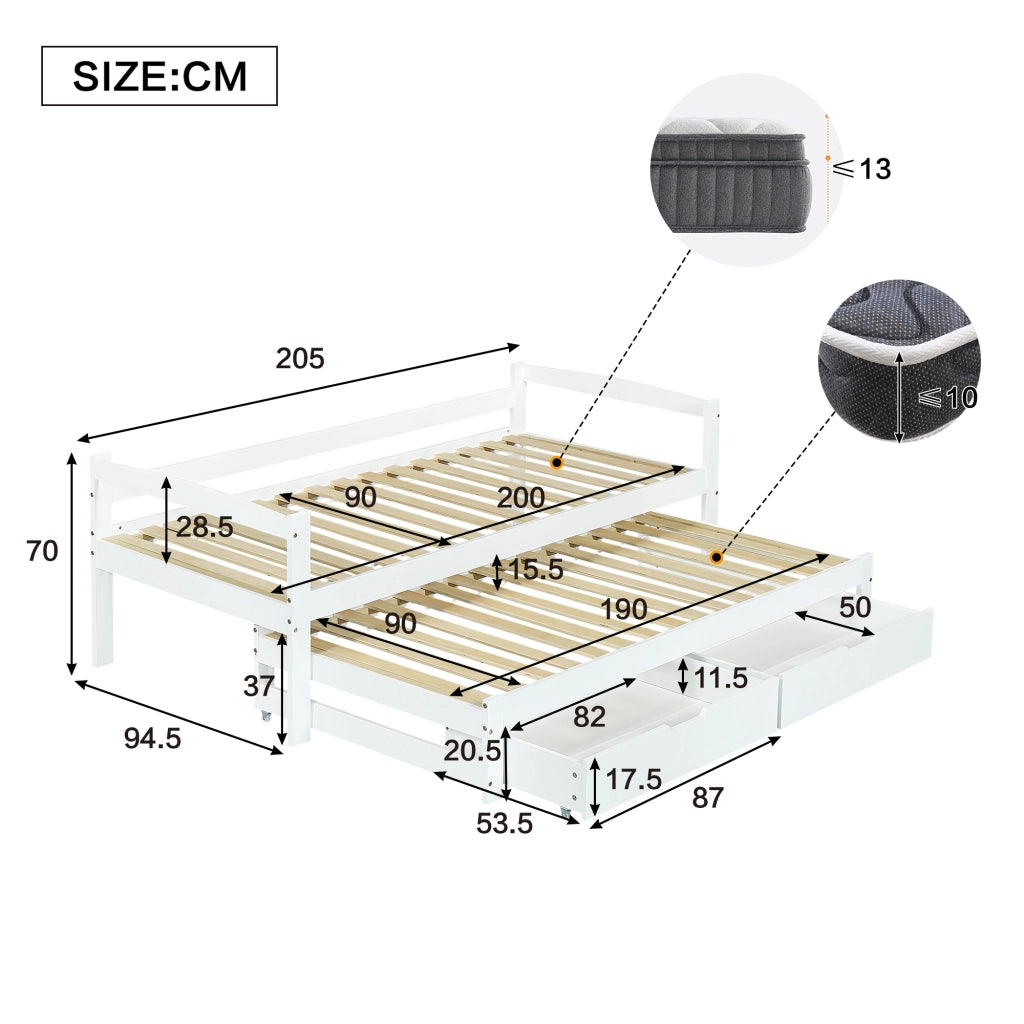Letto Estraibile 200x90 cm e 190x90 cm; con 2 Cassetti e Sponda - in Legno - Bianco