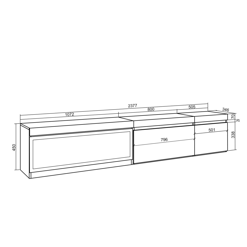 Mobile TV Soggiorno, 237x35x45cm, TV di grande formato, Camino elettrico XXL, da appendere, grigio cemento RF3587