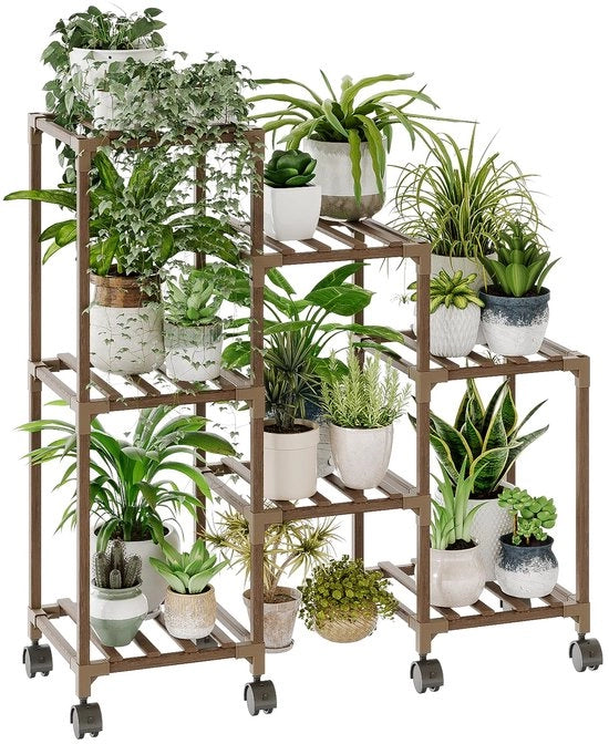 Supporto per piante in legno per interno con 3 cinture, 7 vasi, scala, supporto per piante, supporto per vasi per finestra, giardino, balcone, terrazza, soggiorno (con ruote)