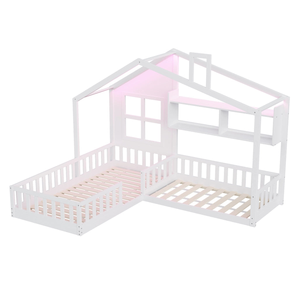 Letto a forma di casa ULEVR 90x200 cm con LED, ripiani e sponde di sicurezza, bianco