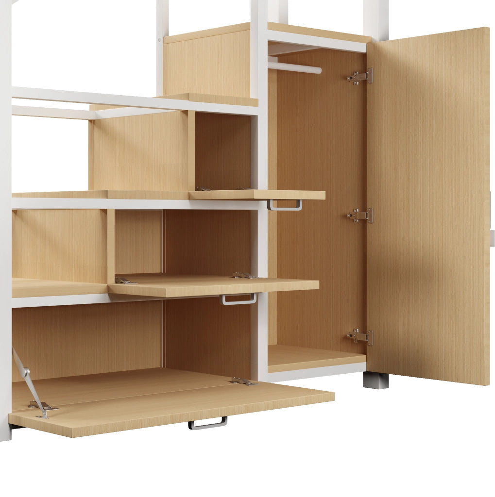 Letto a soppalco ULEVR 140x200 cm con 3 mobili contenitore, guardaroba, LED Bluetooth e scala, bianco