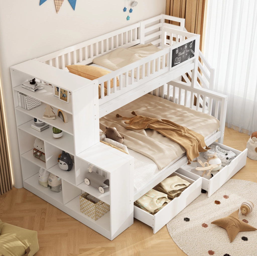 Letto a castello a casetta con lavagna e vani contenitore; 140x200 cm; bianco