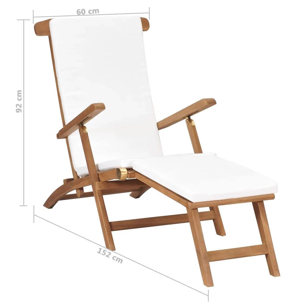Lettino prendisole sedia a sdraio lettino prendisole letto da giardino mobili da esterno per patio con cuscino bianco crema legno massello di teak 02_0012304