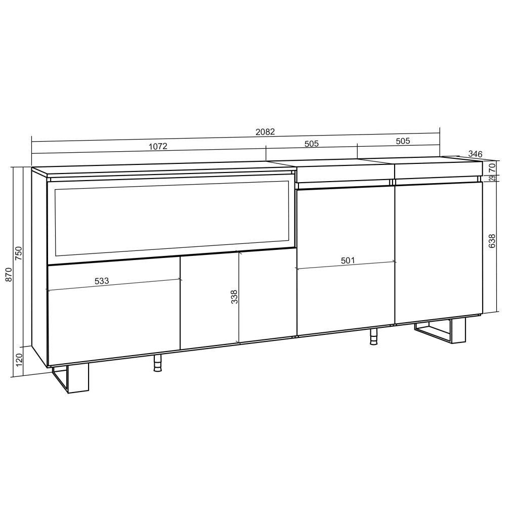 Credenza, Mobile, 208x35x87cm, 4 Porte, Camino elettrico XXL, Design industriale, grigio cemento RF3235