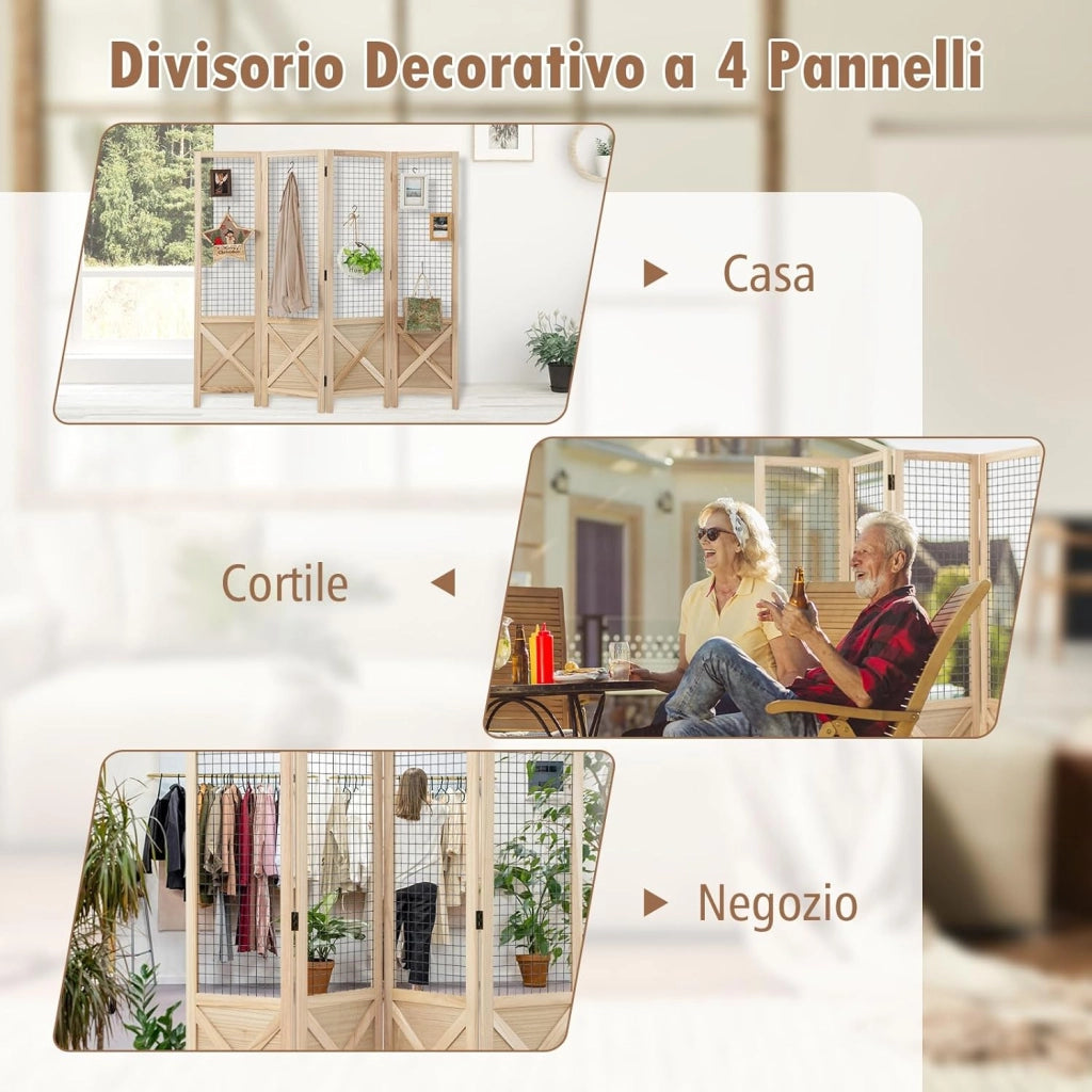 Paravento a 4 Pannelli, Separé Divisorio Interno Pieghevole, Pannelli Divisori a Griglia in Legno per Casa, Ufficio, Fiera dell'Artigianato, Vendita al Dettaglio, Eventi