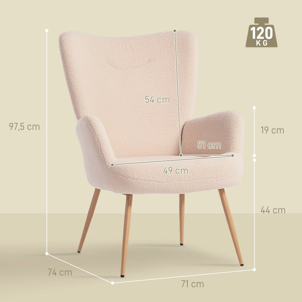 Poltrona imbottita in tessuto boucl¨¦ con schienale alto e braccioli ¨C zephmum ¨C beige 71x74x97,5cm