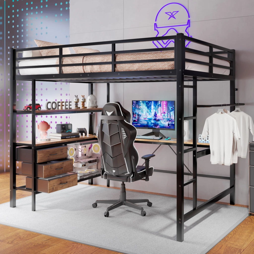Letto a soppalco 140x200 cm; con scrivania e luci LED; metallo; nero (Senza materasso)