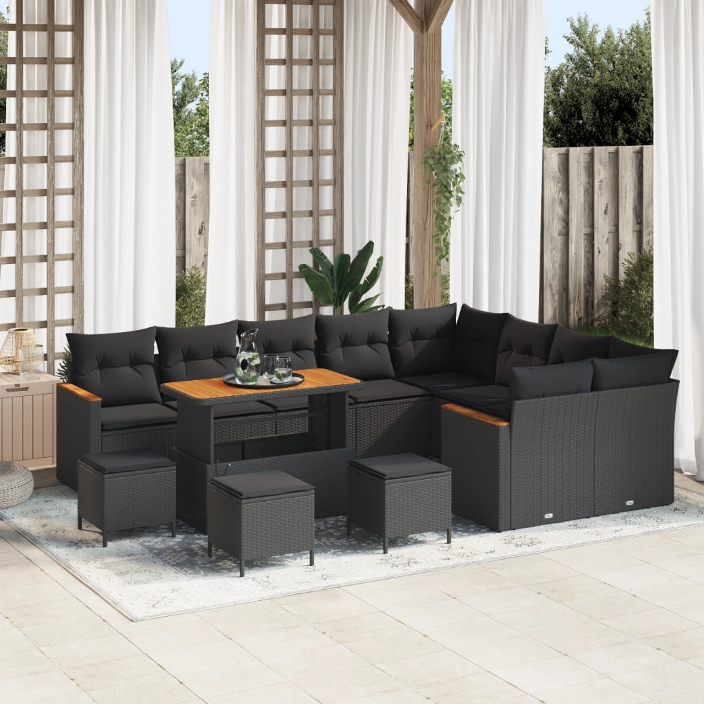 Set di divani da giardino 13 pezzi con cuscini in polyrattan nero e acacia