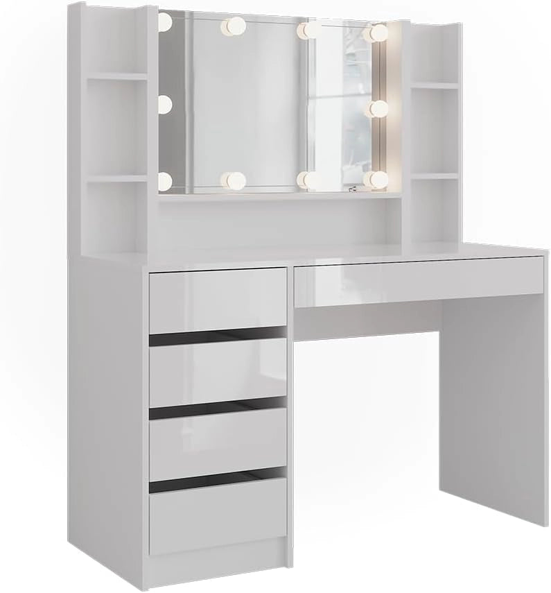 Tavolo da toeletta Sherry, Bianco/bianco lucido, 119.8 cm 5 parti, con illuminazione LED e grande specchio integrato