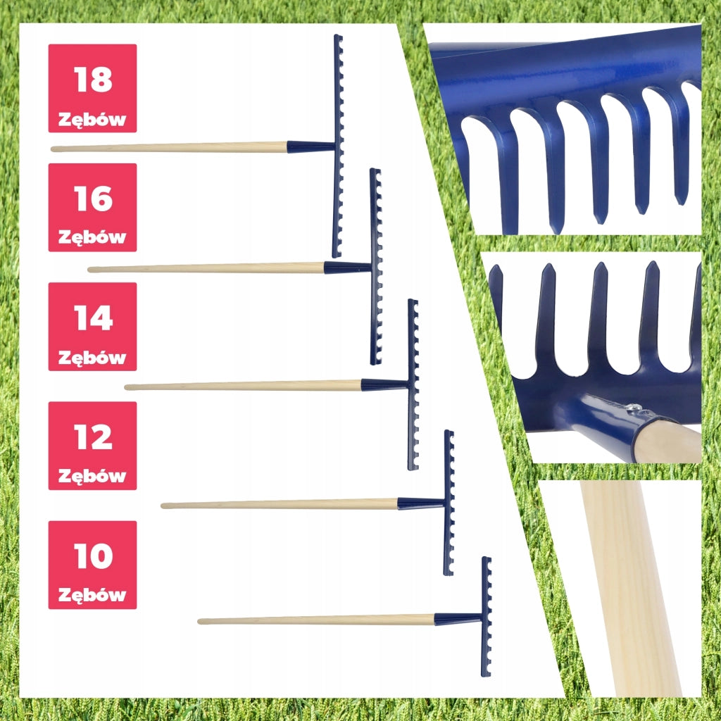 Rastrello da giardino KADAX con manico in legno, 140 cm, in acciaio temprato, a 12 denti
