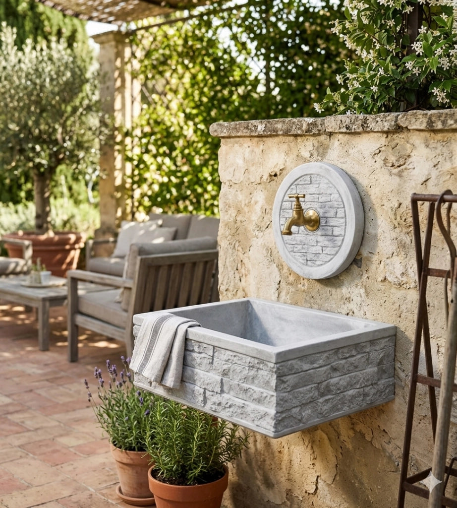 Lavello Rettangolare da Esterno 45x35 cm con Rosone Installazione a Muro in Cemento Mattone Faccia a Vista Meseta Grigio
