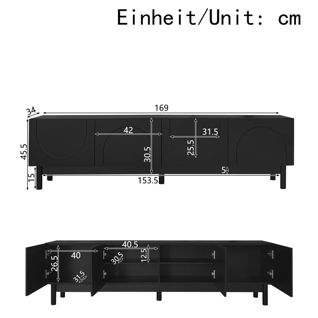 Mobile TV nero 169x34x45,5 cm con 4 ante e ripiani