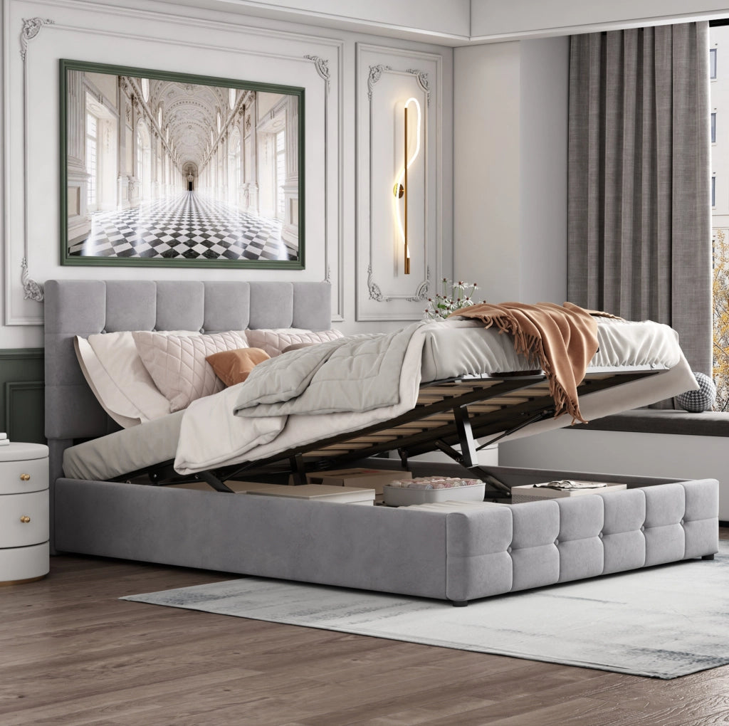 Letto imbottito 140x200 con contenitore idraulico e testiera regolabile