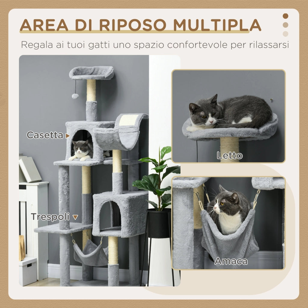 Albero per Gatti con Lettino e Casette ¨C Zephmum ¨C Grigio e Bianco 55x49x177 cm