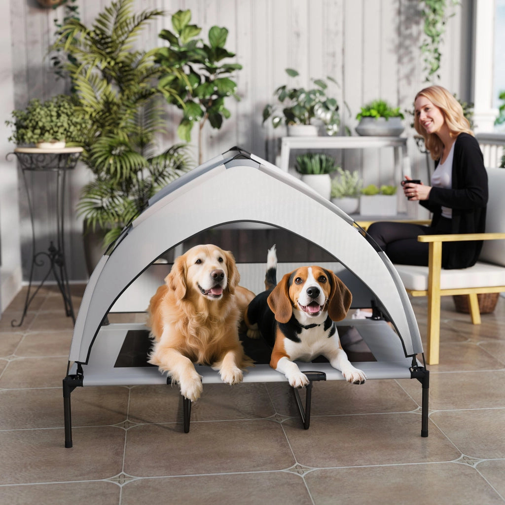 Brandina per Cani Rialzata 122x92x94 cm con Copertura a 3 Lati Rimovibile Tessuto Grigio Chiaro e Nero