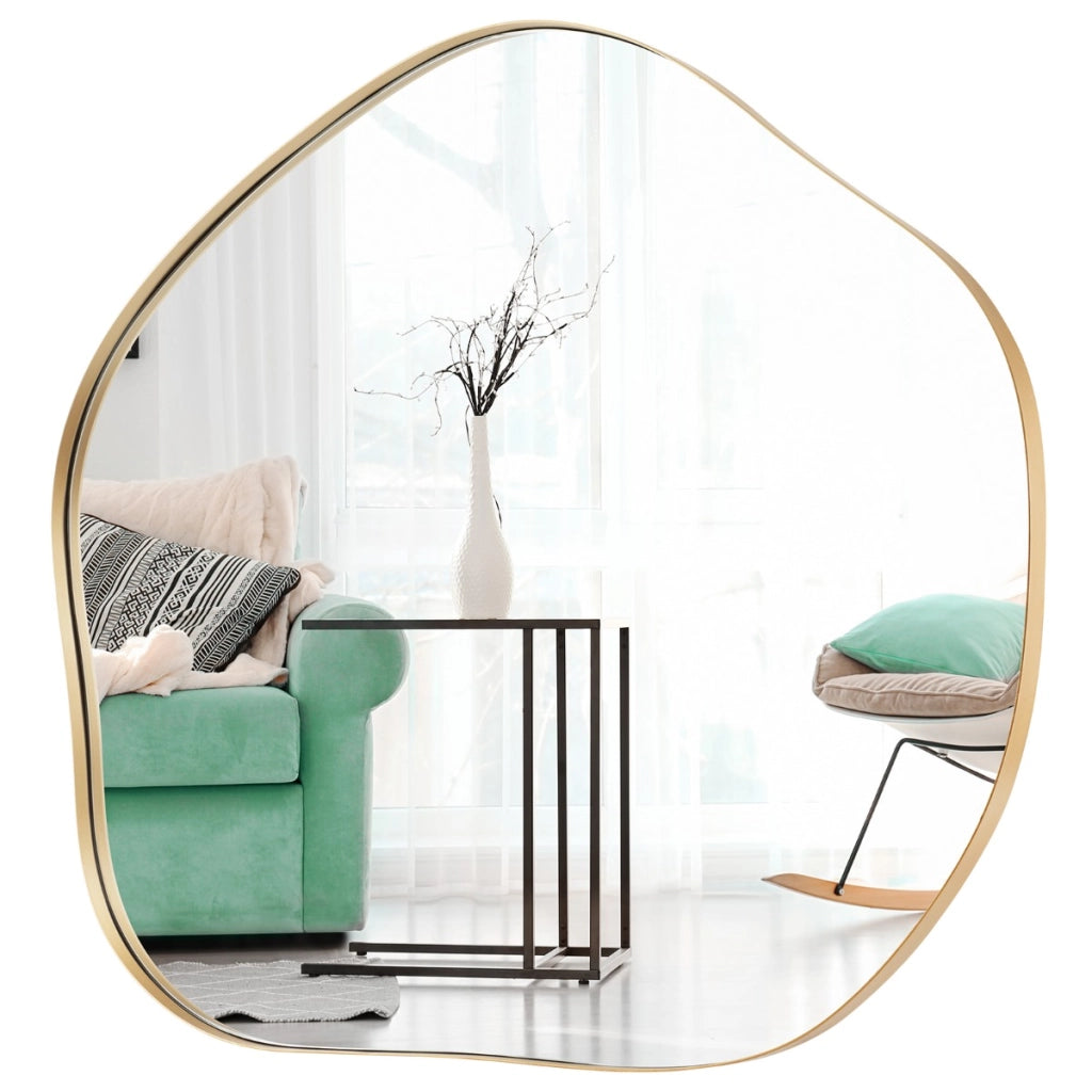 Specchio da parete irregolare 75x70cm, Specchio asimmetrico con cornice in metallo e viti di espansione Oro-Specchi da parete