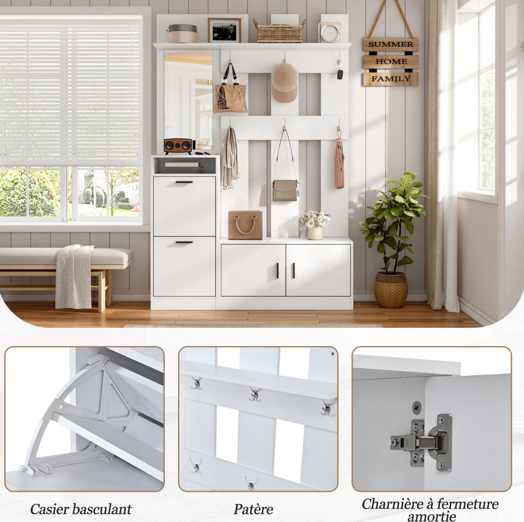 Garderoba ingresso multifunzione 120x30x180 cm con specchio; scarpiera ribaltabile e 6 ganci; bianco