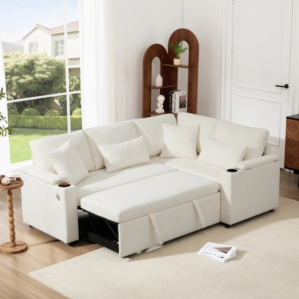 Divano angolare convertibile con chaise longue fissa; vano contenitore; portabicchieri e porta usb per soggiorno; beige; 206;5 Ã— 141 Ã— 86 cm