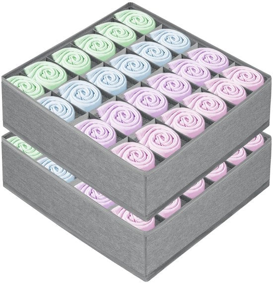 Set di archiviazione 2 in 1, organizzatore di carreggiata con 24 contenitori, set di archiviazione pieghevole, dividersi carreggiata, set di archiviazione in tessuto per la conservazione di cravatte, calze e mutande, grigio