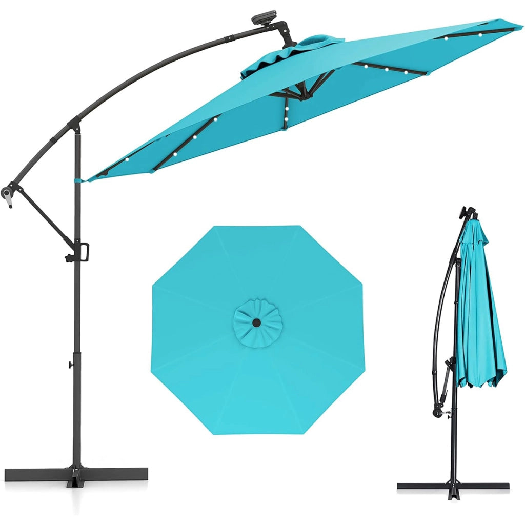 Ombrellone da giardino 300 cm con 32 luci led-Ombrellone girevole con inclinazione regolabile per piscina e altri spazi esteriori  Turchese