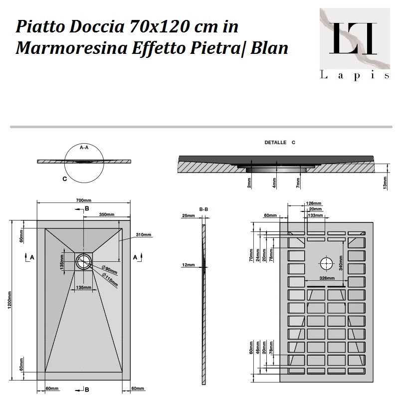 Piatto Doccia Effetto Pietra 70x120 cm in Resina Antracite| Blan