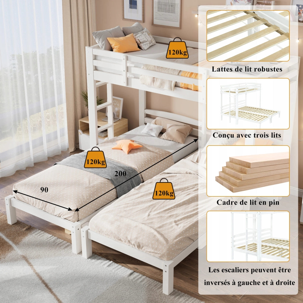 Letto a tre piani - Xylo - 90x200 - Bianco - Senza materasso