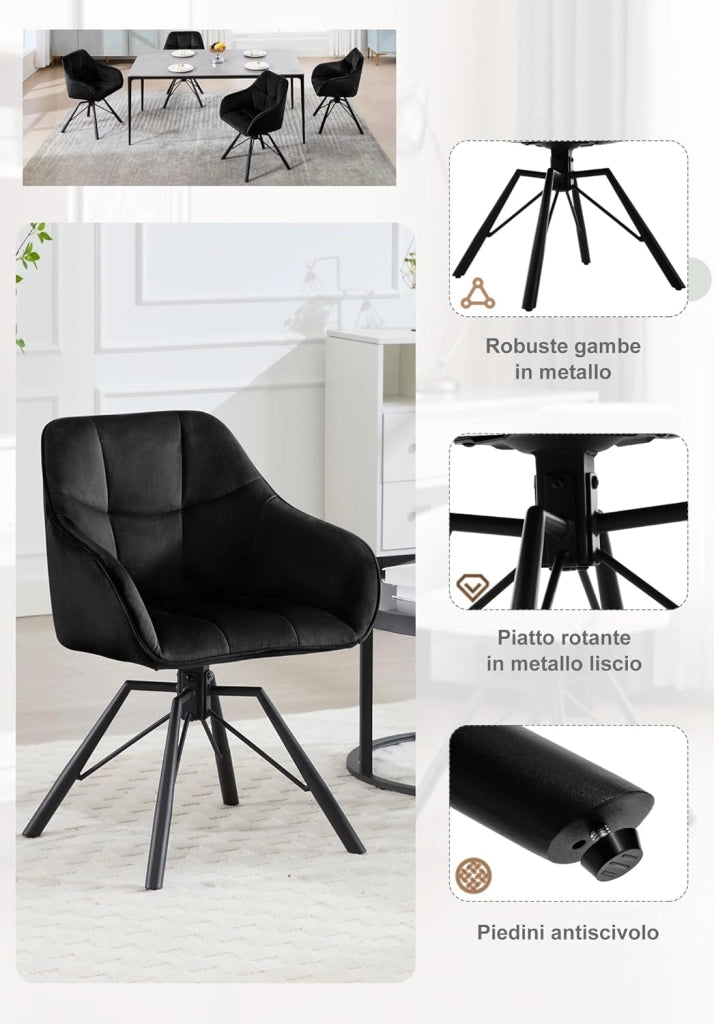 Set di 2 Sedie per Sala Pranzo Girevoli a 360°, Sedie da Cucina Imbottite con Gambe in Metallo, Poltroncine in Velluto, Camera da Letto, Soggiorno, Nero, BH365sz-2