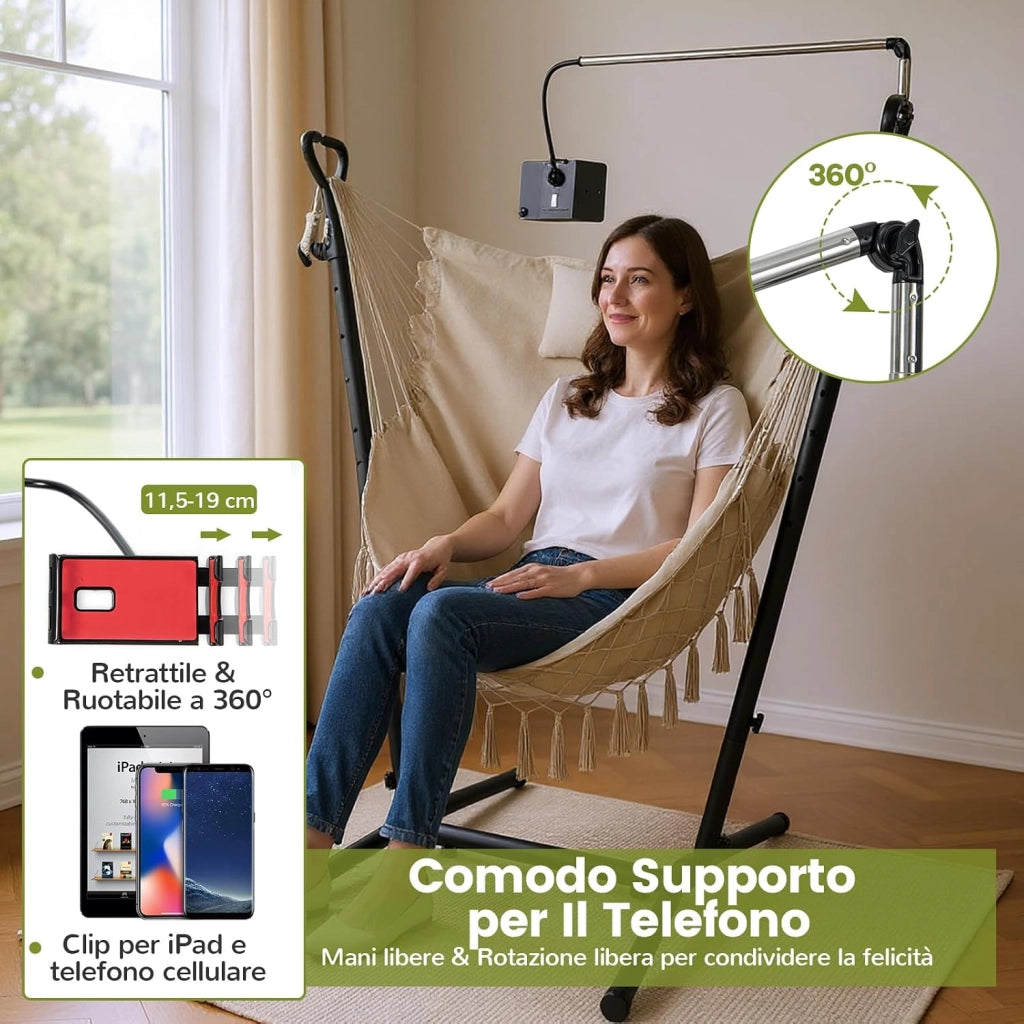 Sedia Amaca Sospesa con Supporto, Sedia Sospesa Regolabile in Altezza 6 Livelli, Supporto Porta Cellulare, Tasca Laterale, Cuscino, Portata 250 kg (Beige)