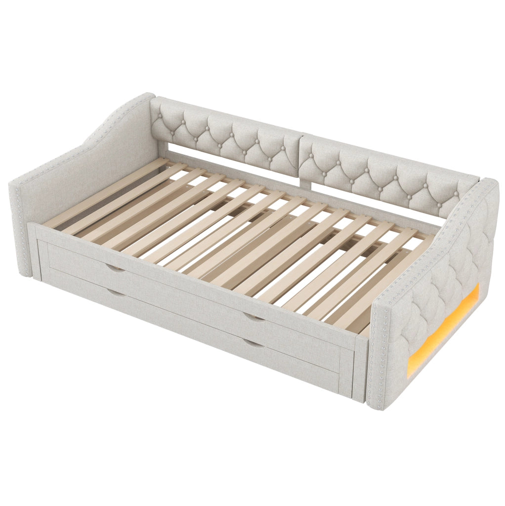 Letto da giorno 90x200 cm con LED; letto estraibile e cassetti in MDF e lino beige