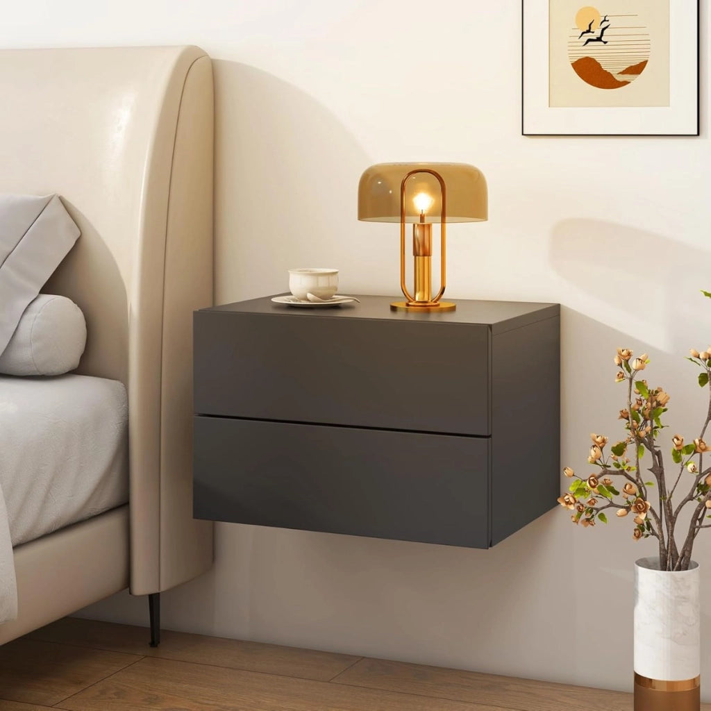 Comodino con cassetti (set da 2), Tavolino da letto da parete con spazio contenitivo Grigio