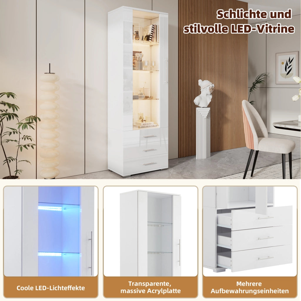 Vetrina a colonna con LED e una porta con 3 cassetti in MDF bianco con frontale lucido 60 × 35 × 180 cm