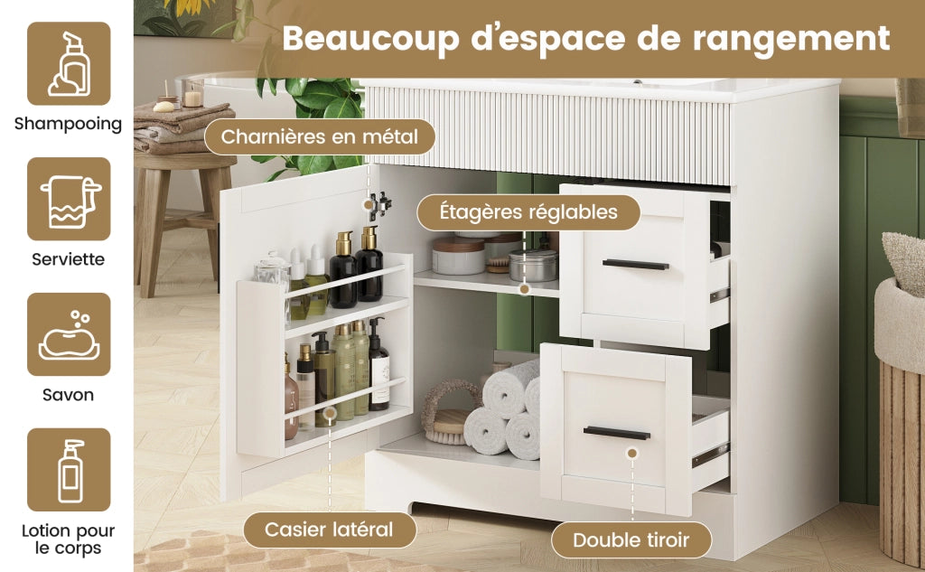 Mobile sottolavabo da bagno con lavabo in ceramica, 2 cassetti e ripiani regolabili, per bagno, bianco, 81,5 × 47 × 85,5 cm