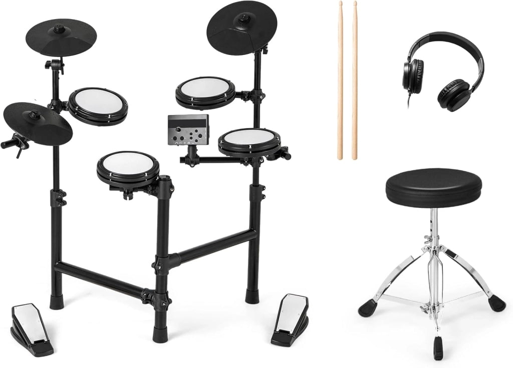 Batteria elettronica con pad, batteria musicale con 150 suoni, 10 dimostrazioni, piatti da 24 cm, strumento musicale con sgabello regolabile, pedali, bacchette e auricolari, USB MIDI