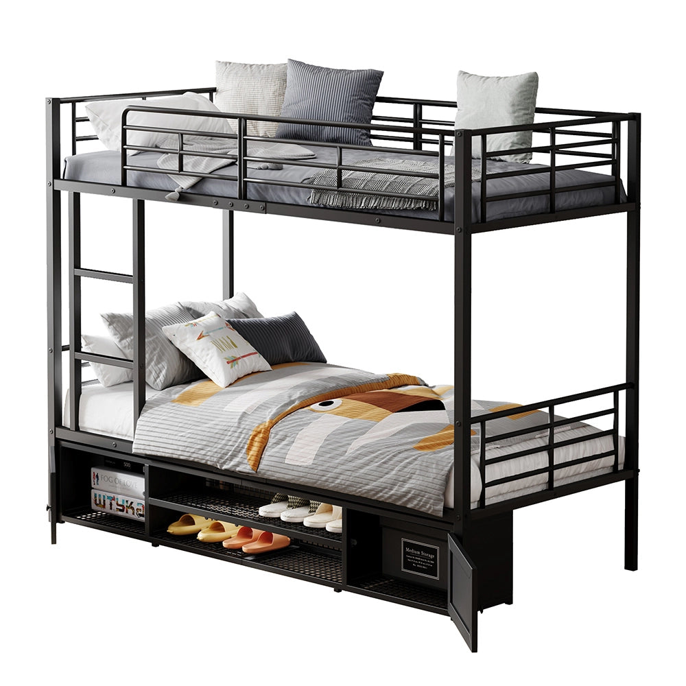 Letto a castello 90x200 - Xylo - Armadio aperto per scarpe, piccolo armadio di archiviazione a due ante, scala laterale con barriera antiscivolo, nero