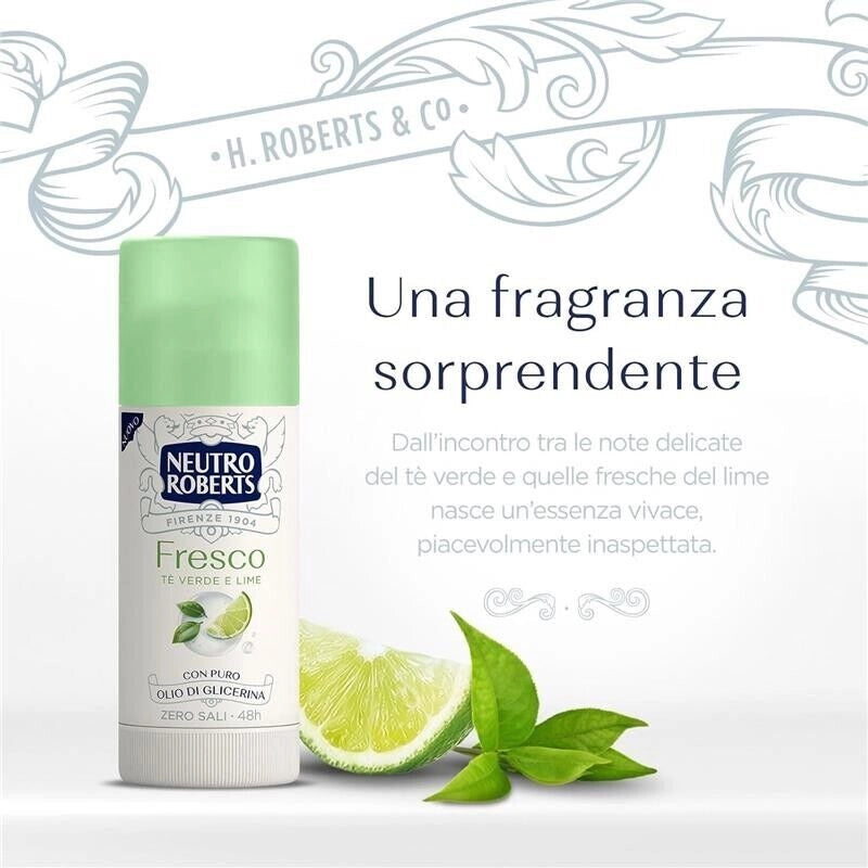 NEUTRO ROBERTS DEODORANTE STICK FRESCO VERDE TÉ VERDE E LIME ZERO SALI DI ALLUMINIO ZERO MACCHIE 40 ML 48H