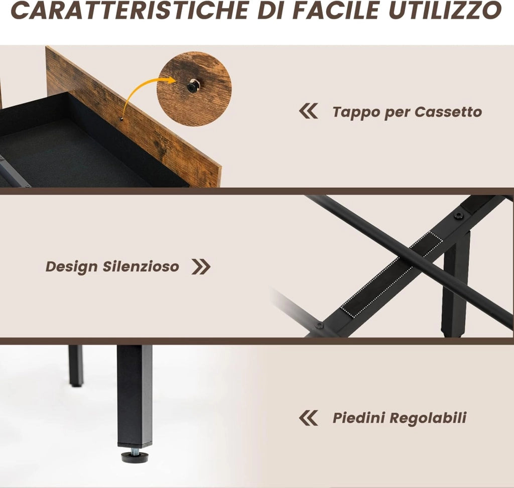 Letto con 4 Cassetti e Testiera, Struttura Letto 200x160 cm con Luci LED Regolabile e Presa Multipla, Carico Massimo 300kg, Silenzioso (200x160 cm)