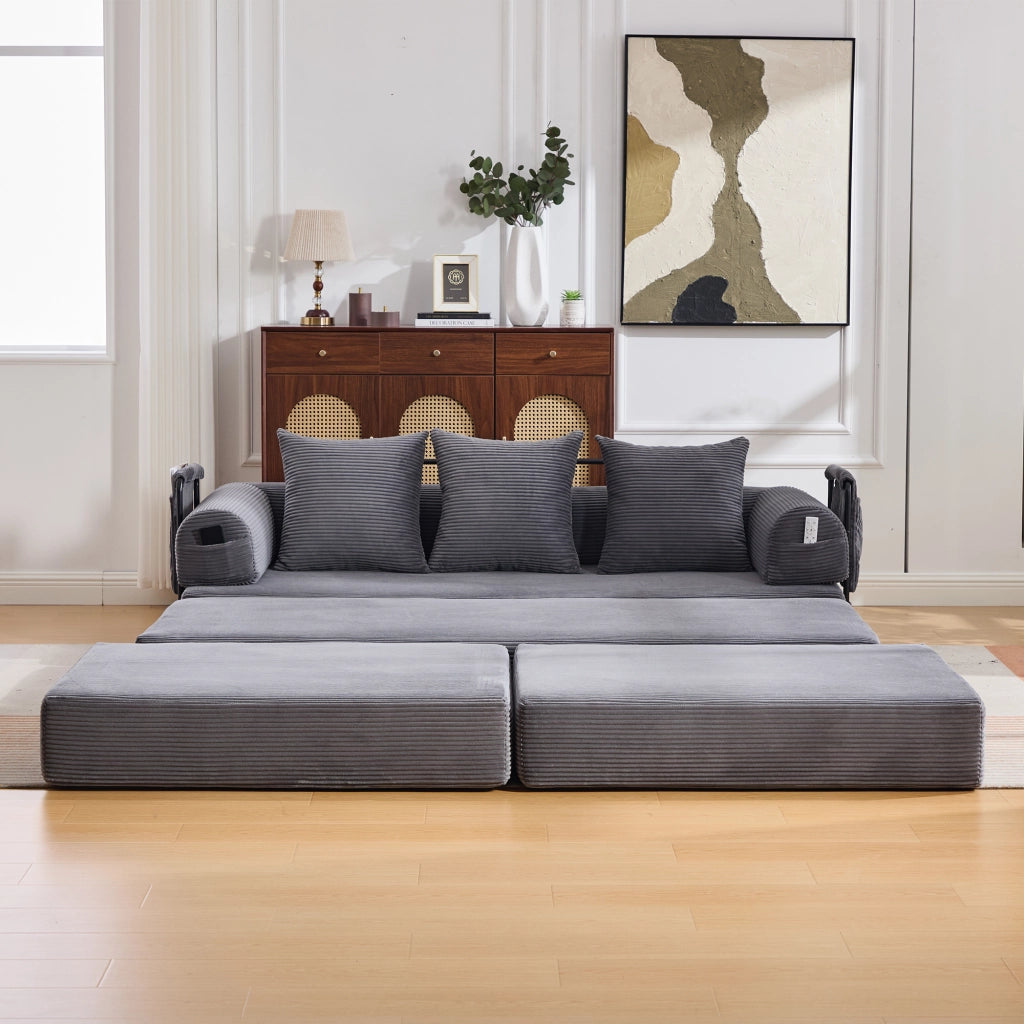 Divano modulare in velluto a coste con tasca laterale e 3 cuscini, struttura in metallo, grigio scuro, design moderno