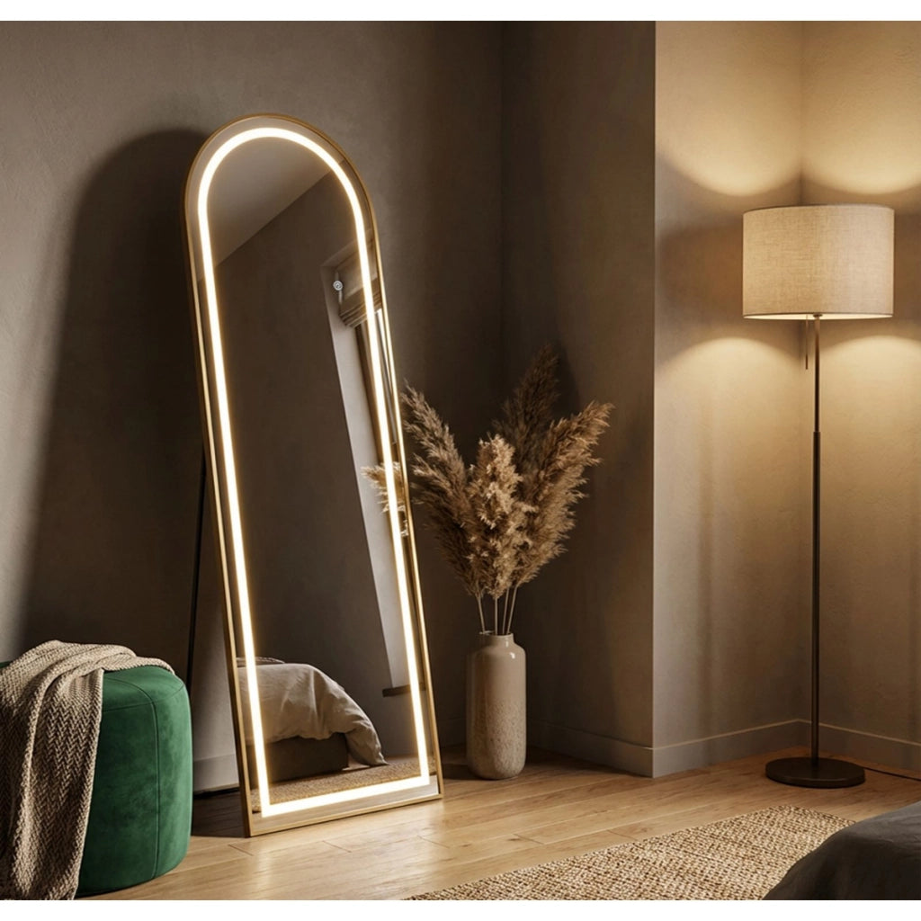 Specchio da terra LED Simple ad arco con cornice oro 57x166 cm