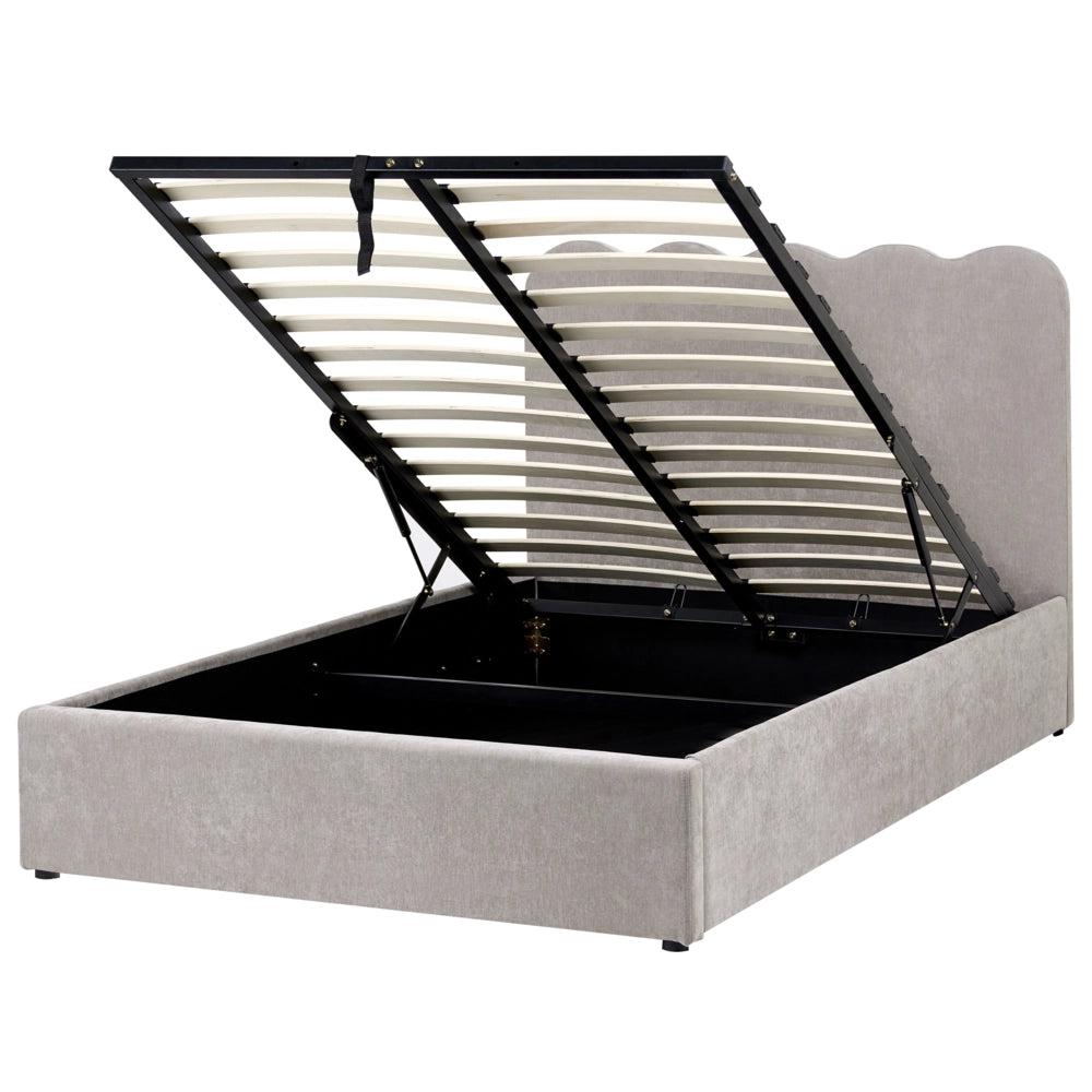 Letto in tessuto di ciniglia imbottito color tortora 120 x 200 cm contenitore elevabile con testiera e rete a doghe